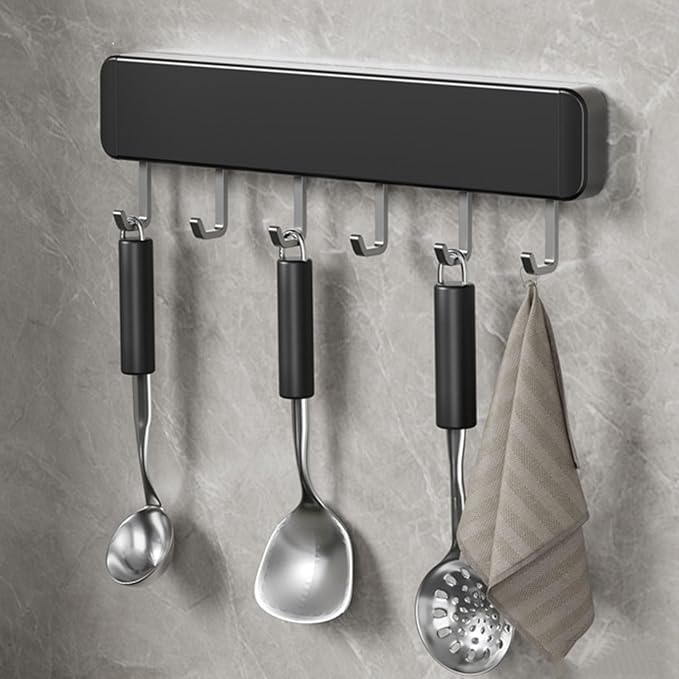 Generic Kitchen Utensil Hanger Wall Mounted Hooks, No Drilling Removable and Adjustable Hooks Kitchen Rail with 8 Hooks for Hanging Cooking Utensils, Mugs, Spoons (6 Hooks), Black