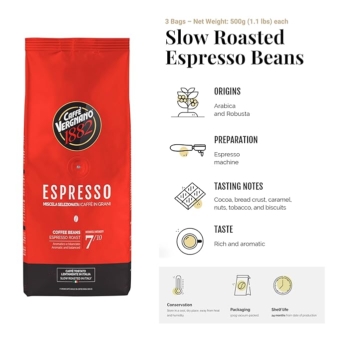 Caffe Vergnano Whole Bean Coffee Medium Roast Espresso 3.3 lb (Pack of 3) - Use in Standard Coffee Machine, Moka Pot, Italian Coffee Maker - Arabica Robusta Chocolate & Caramel Notes For Morning Brew