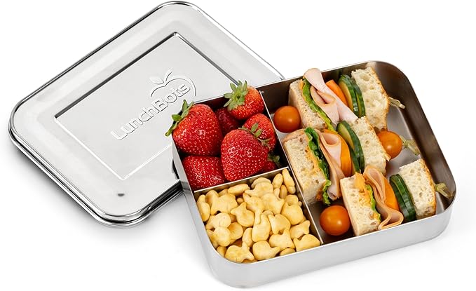 LunchBots Large Trio Stainless Steel Lunch Container -Three Section Design for Sandwich and Two Sides - Metal Bento Lunch Box - Eco-Friendly - Stainless Lid - Staineless Steel