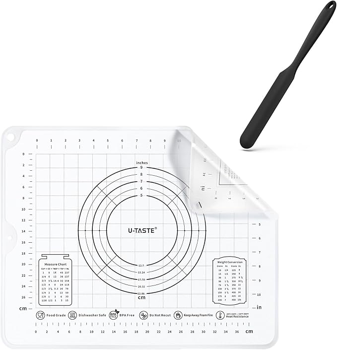 U-Taste 600ºF Heat-Resistant 10in Long Skinny Silicone Jar Spatula, and 20inx16in Large Silicone Pastry Mat Food-Grade Non-Stick Dough Rolling Mat (Black+Transparent)