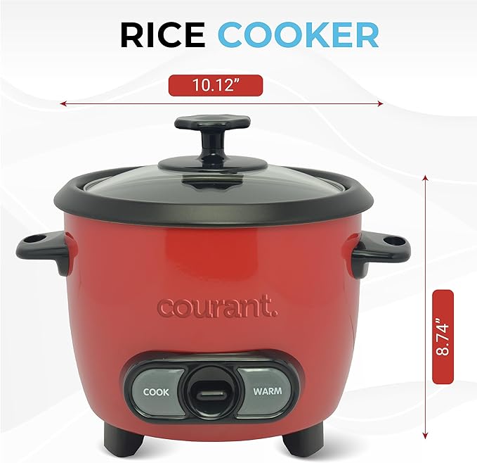 Courant Rice Cooker 8-Cup (Cooked), Removable Non-Stick Bowl, One Touch Rice Cooker, Red