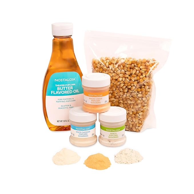 Nostalgia Theater Popcorn Machine Kit - Popcorn Kit With 1 Lb. Kernels & 12.5 Oz Butter Oil for Home Snacks - All-In-One Popcorn Kit with Ranch, White Cheddar & Nacho 3 Oz Seasonings for Easy Popping