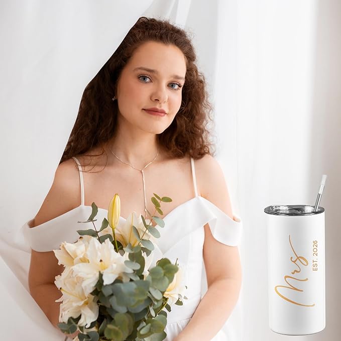 Future Mrs Gifts 2026 Bridal Shower Gifts for Bride Mrs Cup for Wedding Engagement Bachelorette Party Honeymoon Stainless Steel Skinny Tumbler with Lid and Straw 15 OZ