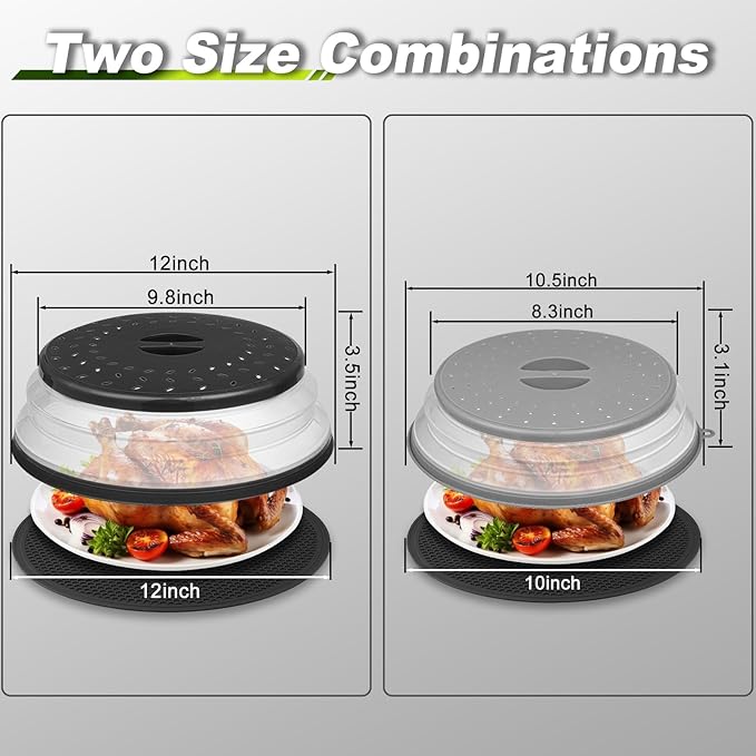 12" Microwave food Cover & Mat,Large Vented Collapsible Splatter Guard dish Plate lid & Silicone Round Kitchen mat