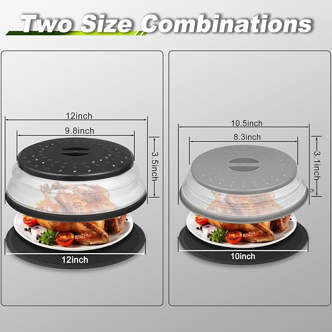 12"&10" Microwave food Cover and Mat,Large Vented Collapsible Splatter Guard dish Plate lid & Silicone Round Kitchen mat,4 in 1