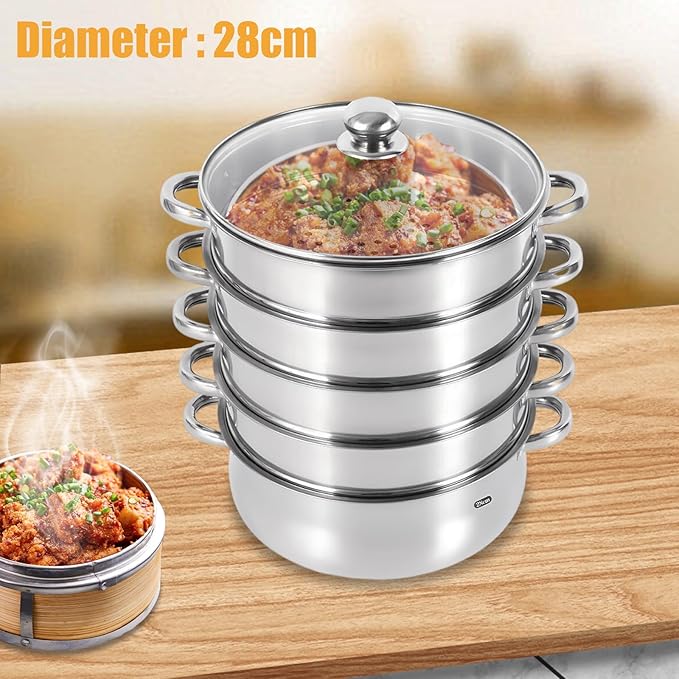 Stainless Steel Steamer Glass Lid, 5-Layer Cooking Steamer Set, Overlapping Design, ø 28cm /11 Inch, Suitable for Induction Cooktops, Electric Cooktops, Gas Cooktops