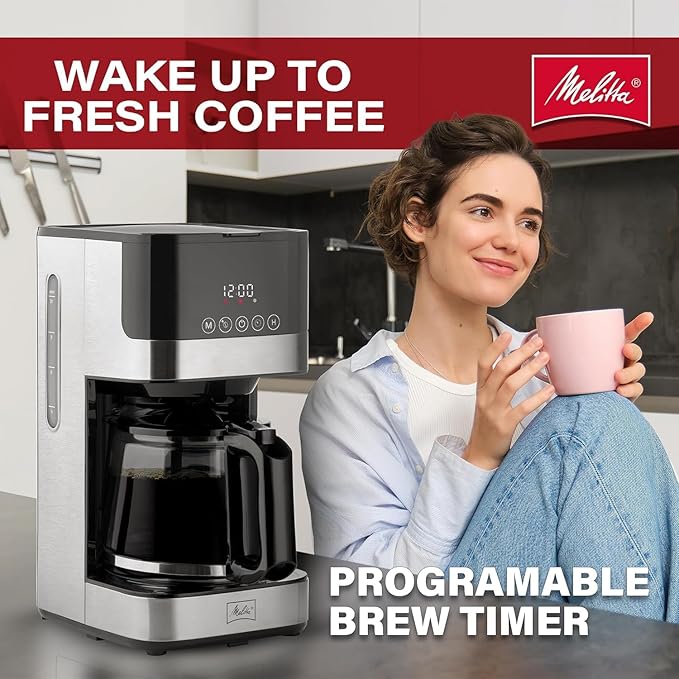 Melitta Aroma Tocco Glass 10-Cup Drip Coffee Maker, Automatic and Programmable, 96oz Capacity with 5-Pack Coffee Filters | Black