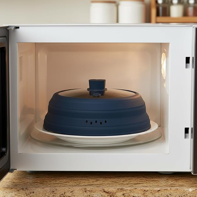 Microwave Splatter Cover Glass Microwave Cover for Food Collapsible Splatter Guard Lid with Silicone Handle for Pot Plate Bowl 11.8 Inch Blue