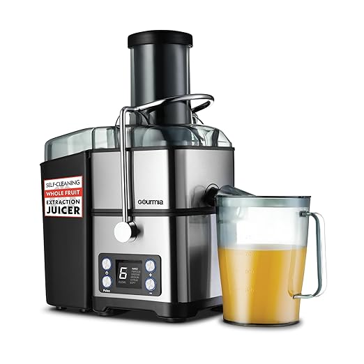 Gourmia 6 Speed Digital Juice Extractor -Extra-Wide Chute, Pulse Mode, Self-Clean Cycle, 36 oz Pitcher, Pulp Container & Cleaning Brush, Stainless Steel