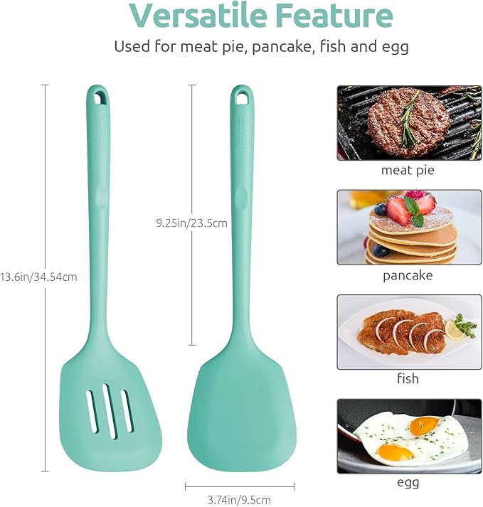 U-Taste 18/8 Stainless Steel Measuring Cups and Spoons (Set of 10, Multicolor), and 600ºF Heat Resistant Silicone Turners, 13.6in Long Solid & Slotted Kitchen Spatula (Aqua Sky)