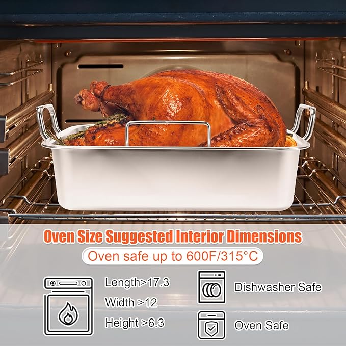 Nonstick Roasting Pan, 15 Inch Stainless Steel Turkey Pan with V-Shaped Rack &Cooling Rack - Rectangular Roaster for Turkey, Chicken, Vegetables,Healthy & Dishwasher Safe - Fits 20lb Turkey