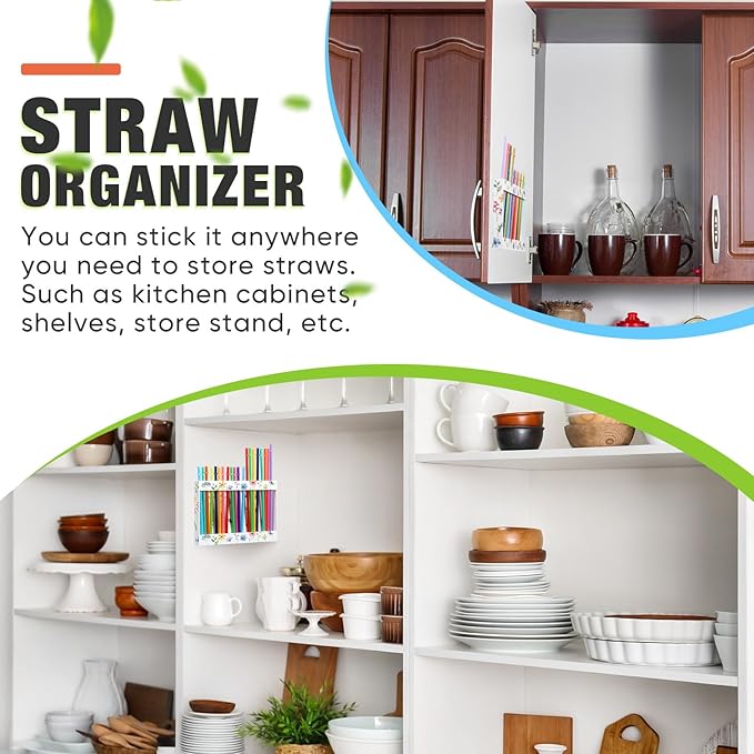 Qinyoung Acrylic Straw Holder for Cabinet Door with Double Sided Adhesive Tape Reusable Straw Organizer Tumbler Storage Kitchen Accessories Container for Counter Cupboard(Floral,Large,White)