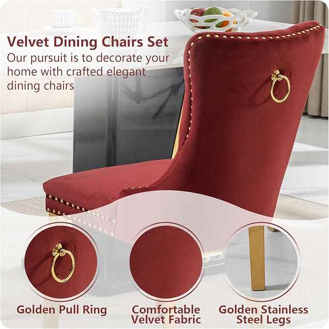 Velvet Dining Chairs Set of 6, Kitchen Chairs Set of 6, Tufted Upholstered Dining Room Chair, Back Ring Pull Trim, Golden Stainless Steel Legs, Wine Red
