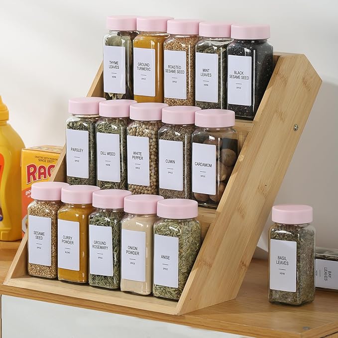 36 Glass Spice Jars with Labels, Spice Jar Set, 4oz Seasoning Containers, Spice Containers with Pink Airtight Lids and Shaker Lids, Square Empty Spice Bottles, 492 Labels, 1 Funnel