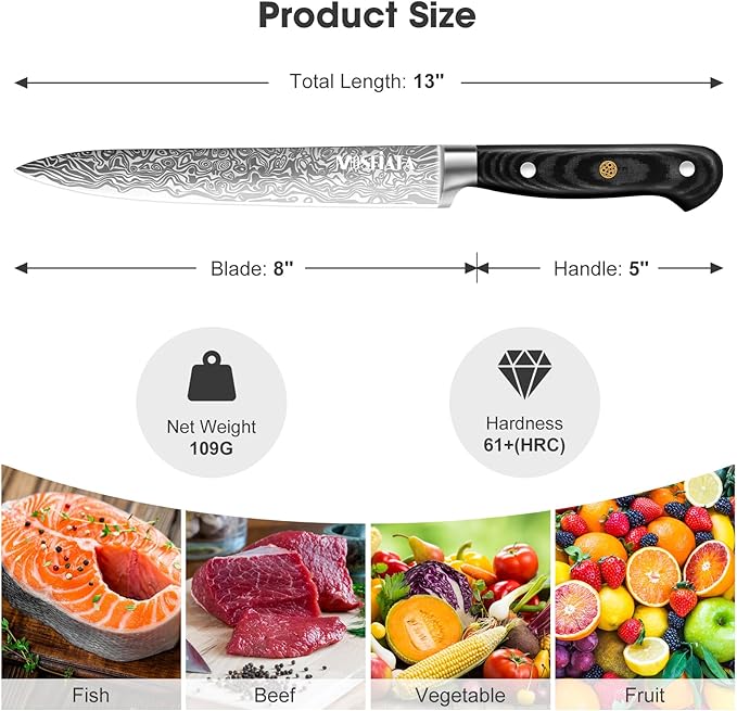 MOSFiATA 8 inch Carving Knife，Stainless Steel Brisket Slicing Knife for Meat Cutting, Razor Sharp Butcher Knife with Granton Edge for Roasts, BBQ, Turkey