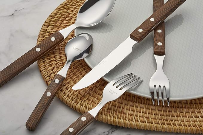 ANNOVA 20 Piece Silverware Set, Service for 4, Stainless Steel Retro/Rivet Walnut Wood Tableware Kitchen Flatware Set Utensils, Includes Dinner Knives, Forks, Spoons, Salad Forks & Dessert Spoons