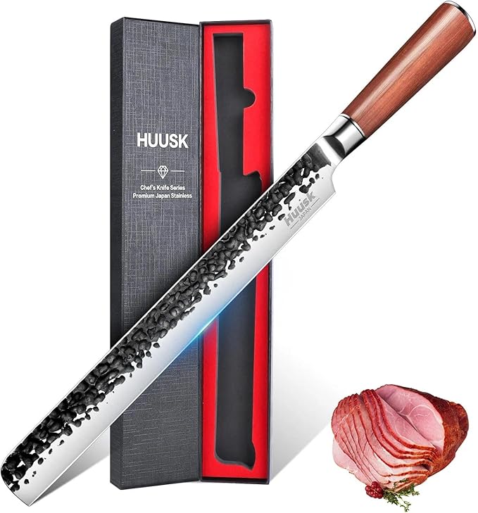 Huusk Brisket Slicing Knife 12", Hand-forged Carving Knife for Meat Cutting, High Carbon Steel Brisket Trimming Knives, Japanese Meat Slicing Knives for Turkey BBQ, Gifts Idea for Men & Women