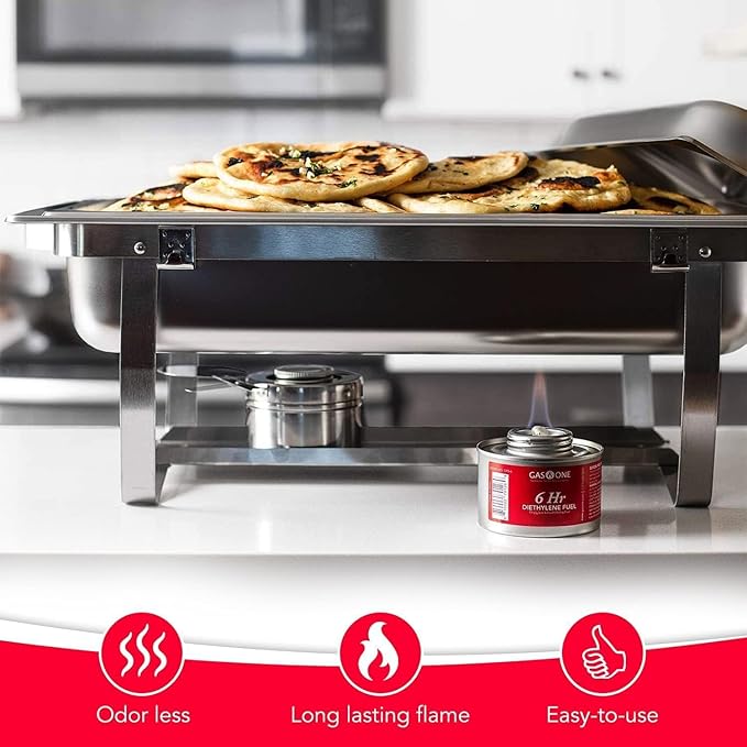 Gas One 3 Pack 6 Hour Chafing Fuel - Food Warmer for Chafing Dish Buffet Set - Reusable Liquid Safe Fuel With Wick & Lid Opener