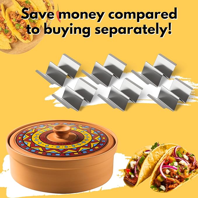 Large Tortilla Warmer w Taco Holder Set of 6 Stainless Steel, Taco Bar Serving Set for A Party - Taco Party Supplies Taco Kit, Taco Night Accessories Essential Bundle - Complete Taco Tuesday Solution