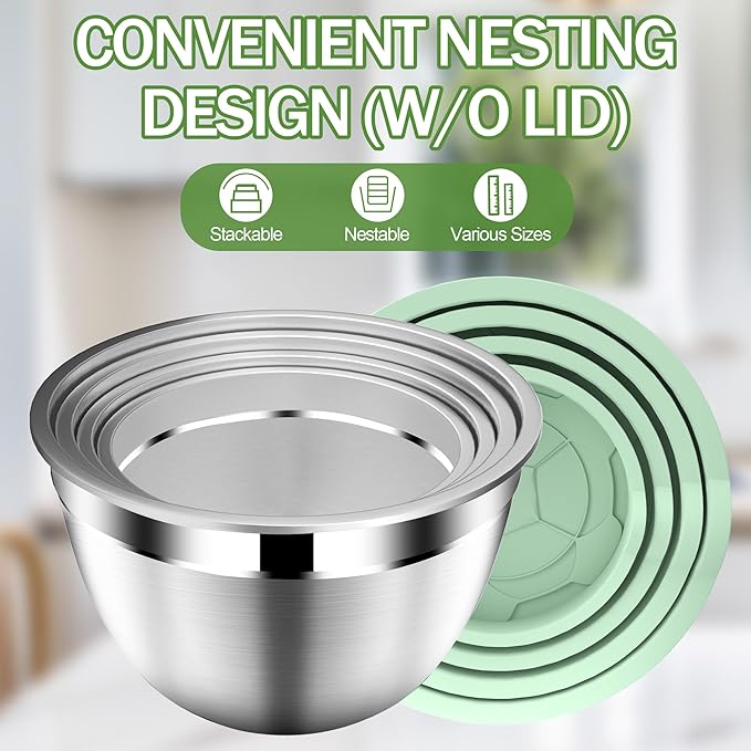 DUTZUN Mixing Bowls with Lids Set, Stainless Steel Mixing Bowl Set with Colander, Strainer with Bowls - Pistachio
