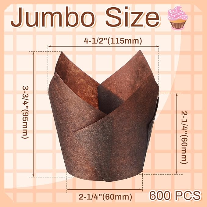 Motiskyy 600 Pcs Jumbo Muffin Liners for Baking 2-1/4" x 4" Large Tulip Cupcake Liners Greaseproof Cupcake Wrapper Paper for Weddings Birthday Christmas Anniversaries Party (Brown)
