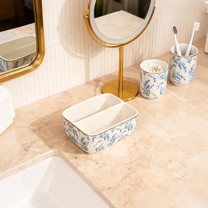 2 Compartments Ceramic Sponge Holder for Kitchen Sink, Cute Floral Pattern Countertop Dish Sponges Holder Soap Sink Organizer Caddy Farmhouse Home Kitchen Decor Blue Blossom