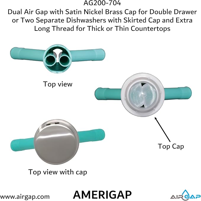 Dual Air Gap with Satin Nickel Brass Cap for Double Drawer or Two Separate Dishwashers with Skirted Cap and Extra Long Thread for Thick or Thin Countertops (AG200-704, AG200-X04, AMERIGAP)