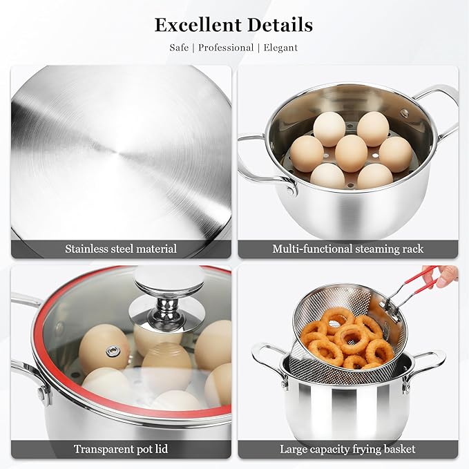 Deep Fryer Pot with Basket, 4.0L/4.2QT 304 Stainless Steel Standard Capacity Multi-function Cooking Pot with Strainer Basket, Anti-scald Handle, Egg Steamer Rack and Lid for Kitchen Camping