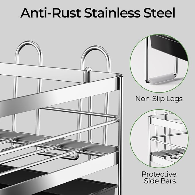 Large 2 Tier Dish Drying Rack, Extendable Dish Rack, Stainless Steel Anti-Rust Dish Rack for Kitchen Counter, Multifunctional Dish Drainer with Utensil & Cup Holder, 13.4"-28.7" L x 11.8" W