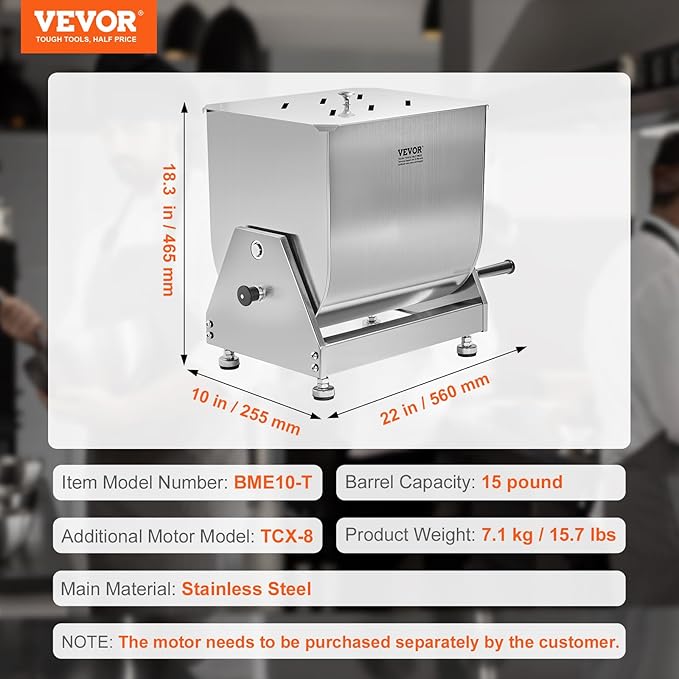 VEVOR Manual Meat Mixer, 15 Pound Capacity Tilt Tank Meat Mixer, Stainless Steel Meat Processing Equipment, Sausage Mixer Machine with Lid and Handle, Ground Beef Hand Mixer, Silver