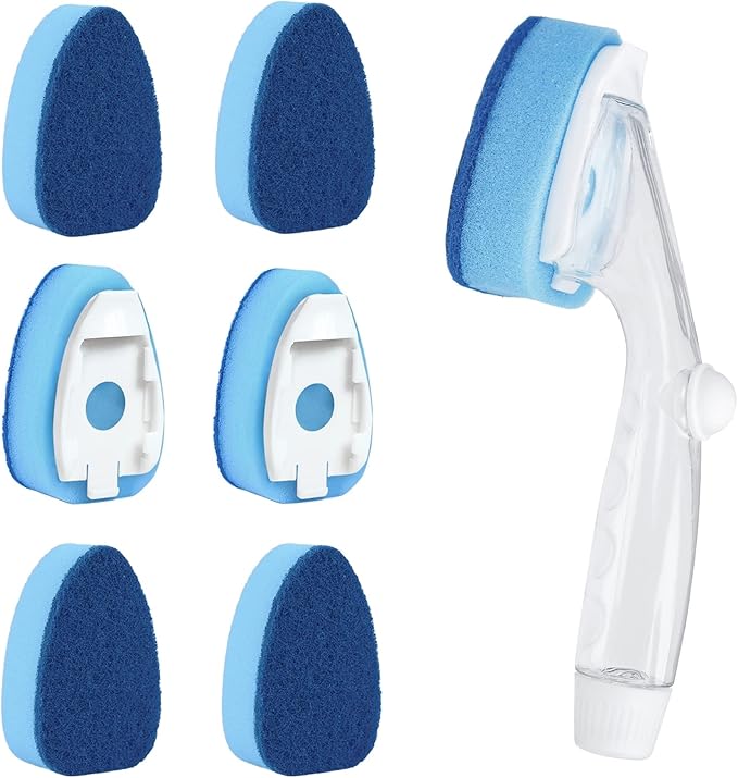 Dishwand Refills Soap Control Handle,6 Heavy Duty Dish Wand Sponge Heads,Non Scratch Scrubbers Replacement Refill Brush Dispenser,Dishwashing Scrub