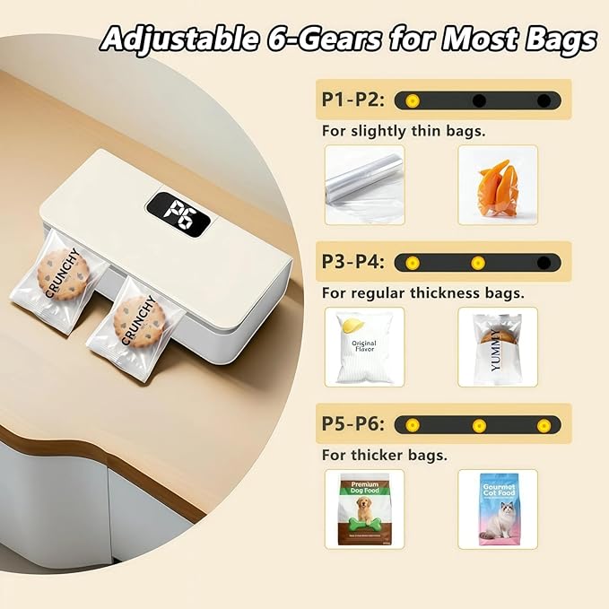 2026 New USB-C Rechargeable Mini Bag Sealer, One-Touch, Adjustable and Portable Freshness, 6-Level Adjustable Heat Sealer & Cutter, LED Display, Magnetic Base for Fridge & Kitchen (White)