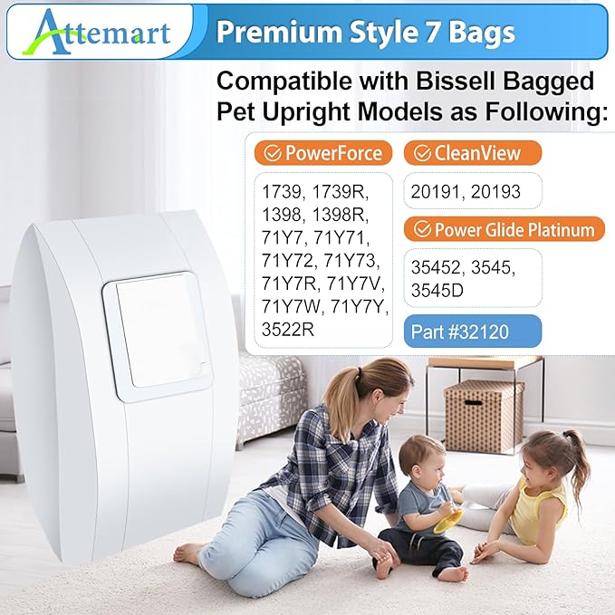 14 Pack Style 7 Vacuum Bags for Bissell Powerforce 1739 1398 3525R 71Y7 Power Glide 3545 35452 for Cleanview 20191 20193 Bagged Pet Upright Vacuums Cleaner, Style 7 Replacement Vacuum Bag, Part #32120