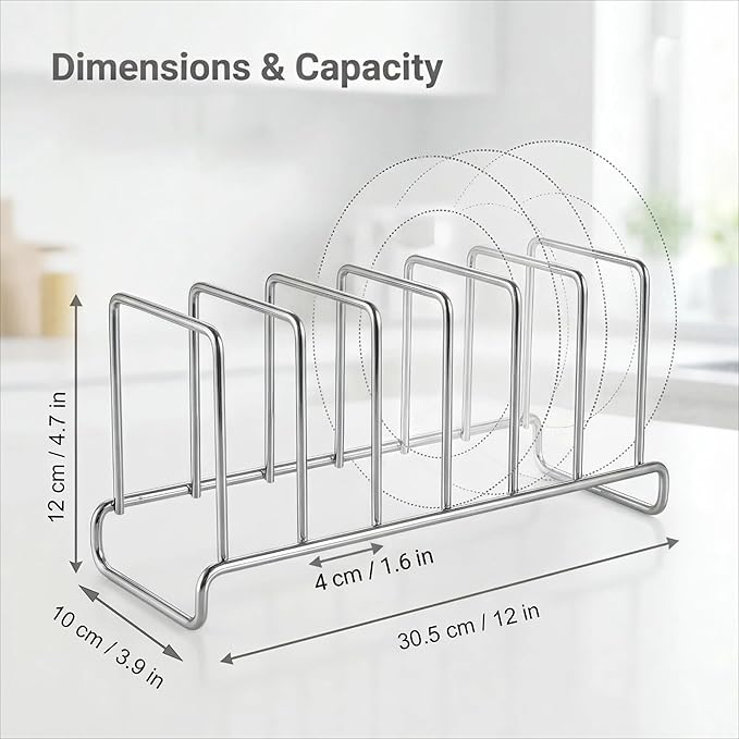 IMEEA Plate Rack 304 Stainless Steel, Vertical Dish Organizer for Cabinet & Countertop, Holds 6 Plates (8–10 Inch), 12 x 3.9 Inch Metal Dish Holder ﻿