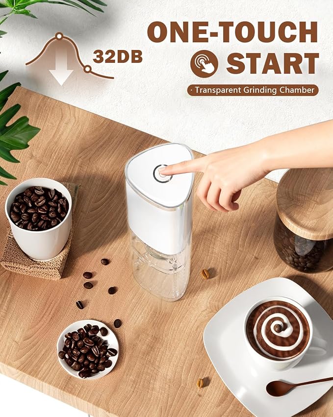 Portable Electric Coffee Grinder, Ergonomic Palm-Fitting Design for Comfortable Grip, USB Type-C Wireless Charging Adjustable Grind Settings for Coffee Beans/Grains(White)