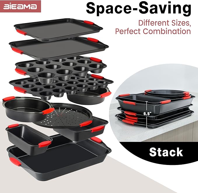 BIEAMA 13-Piece Baking Pans Sets, Nonstick Bakeware Sets, BPA-Free Carbon Steel Stackable, Cookie Sheet, Cake, Loaf, Pizza & Muffin Pan, Grey