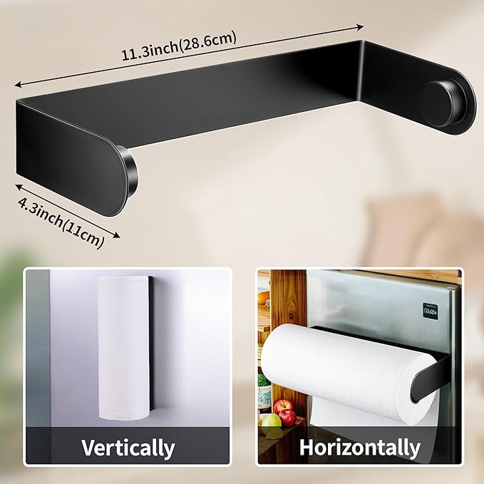 DELITON Magnetic Paper Towel Holder for Fridge - Black Paper Towel Roll Holder Under Cabinet Paper Towel Rack with Strong Magnet, Kitchen, Rv, Grill, Camping