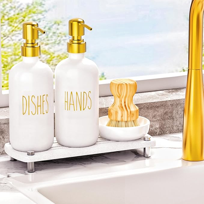 Galasily Gold Soap Dispenser Set Comes with Stainless Steel Pumps, Instant Dry Tray, and Dish Scrub Brush, Kitchen Soap Dispenser Set Suitable for Kitchen Decor and Bathroom Accessories(Gold)