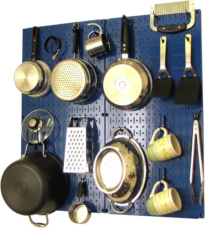 Wall Control Kitchen Pegboard Organizer Pots and Pans Storage Rack Organization Kit with Blue Pegboard and Black Accessories