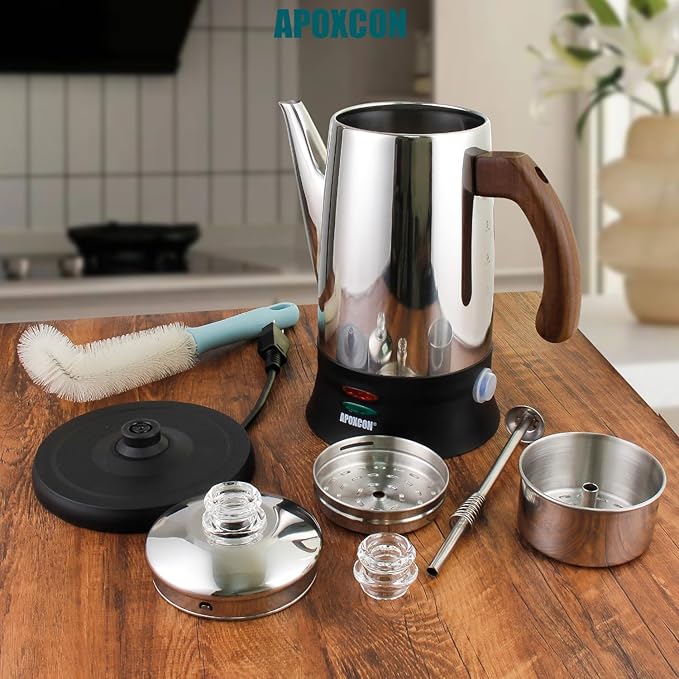 APOXCON Electric Coffee Percolator Stainless Steel Coffee Pot with Two Tough Glass Clear Brew Progress Knob & Treated Solid Wood Handle & On/OFF Switch Auto Keep Warm Cordless Serve (8 Cup)