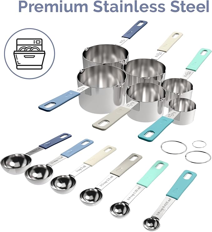 CuttleLab 22-Piece Stainless Steel Measuring Cups and Spoons Set, Tad Dash Pinch Smidgen Drop Mini Measuring Spoons, Measuring Stick Leveler, Measurement Conversion Chart Fridge Magnet, (Farmhouse)