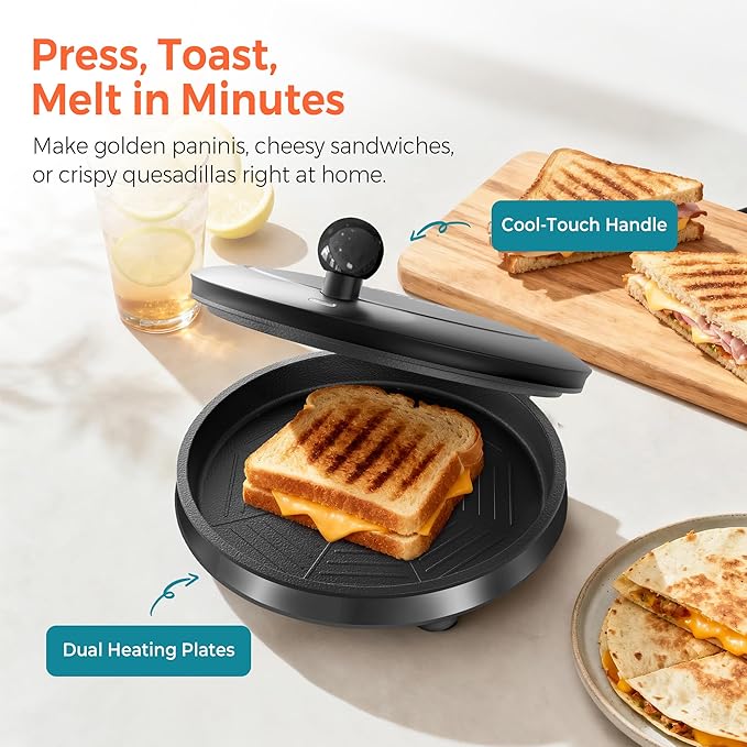 3-in-1 Electric Griddle & Panini Press - CACHOO 8" Nonstick Round Griddle and Sandwich Press with On/Off Switch, 180° Open Design, Perfect for Pancakes, Omelettes, Quesadillas, Veggies (Black)