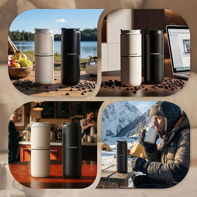 HAUSHOF Portable Coffee Maker, Travel Coffee Maker Battery Operated Small Pour Over Set, Compact Coffee Maker with Electric Grinder & Insulated Mug for Travel, Camping, Car