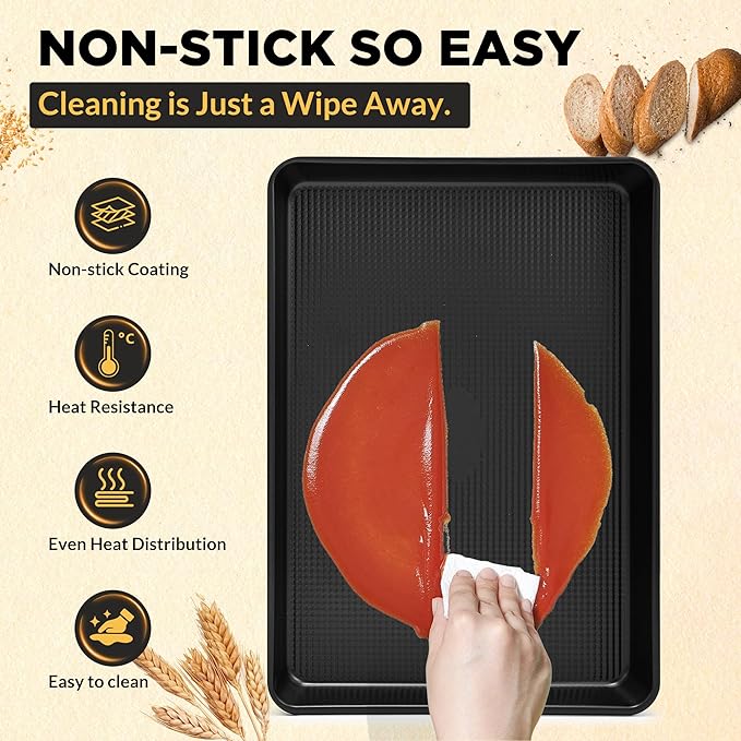 Professional Non-Stick Baking Sheets Set, 3-Piece Heavy Duty Carbon Steel Cookie Sheets with Oven Safe & Even Heating for Baking, Roasting, Cooking (Black)