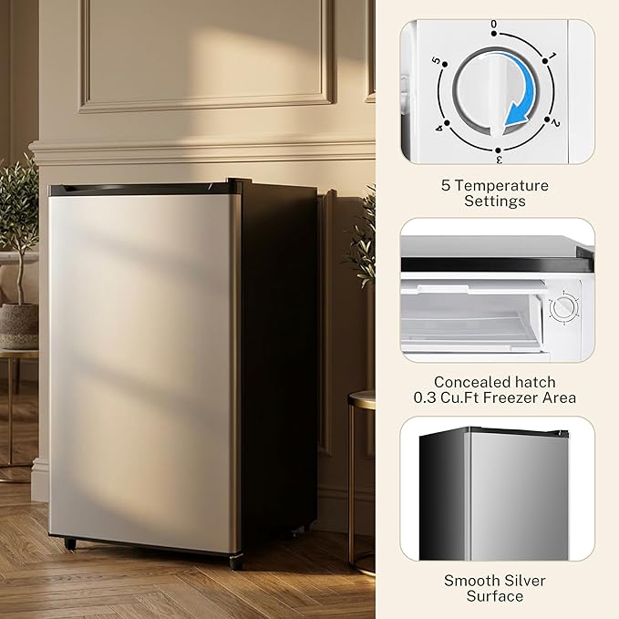 3.2 Cu.Ft Mini Fridge with Freezer, 1 Door Small Refrigerator with Adjustable Thermostat Energy-efficient Low Noise, Compact Fridge for Bedroom, Office, Dorm, Silver