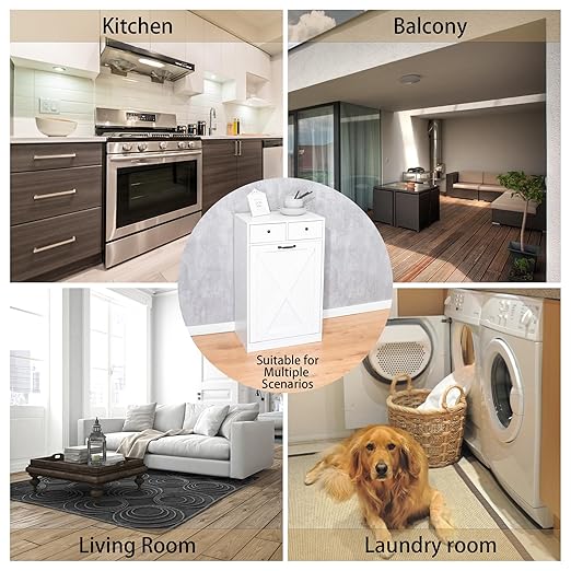 13 Gallon Tilt Out Trash Cabinet with 2 Drawers Wood Hidden Kitchen Recycling Cabinet Free Standing Pet Proof Trash Can Laundry Cabinet for Kitchen (White)