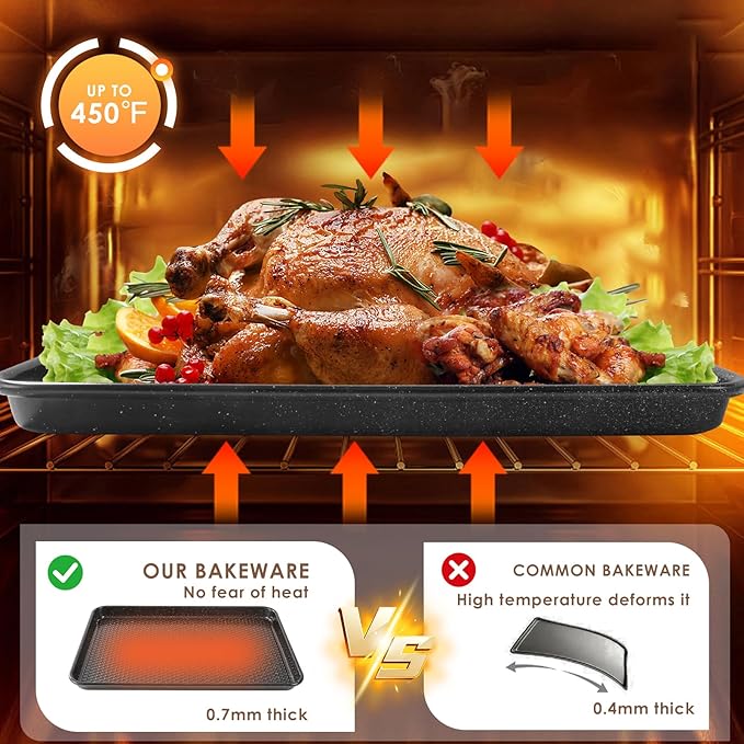 Baking Sheet Pan Set of 3, Nonstick Carbon Steel Cookie Sheets with Texture, Commercial Half/Quarter/Jelly Roll Pans Replacement Toaster Oven Tray, Heavy Duty & Easy Clean, Black