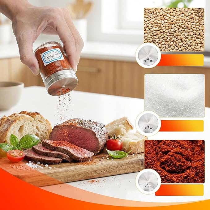 Segarty 1.7oz Mini Spice Jars with Metal Shaker Lids, 3 Pack 50ml Glass Seasonings Containers Adjustable Pour Holes for Kitchen Organization Condiments Storage, Salt Pepper Shakers 3 Labels for Picnic