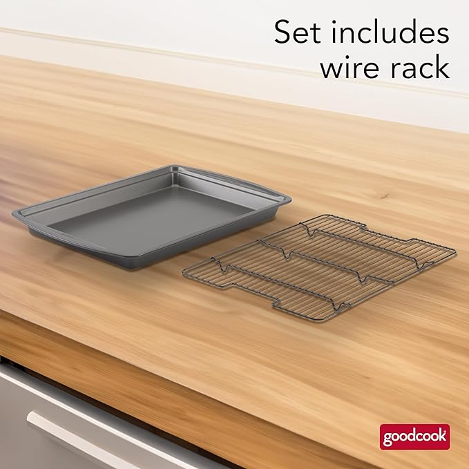 GoodCook 15” x 10.5” Nonstick Carbon Steel Baking Pan & Raised Wire Rack – Pizza Crisper,Crispy Bacon,Multipurpose Cooking Sheet Pan,Cooling Rack,Kitchen Cookware Set,Dishwasher Safe,(Pack of 12)