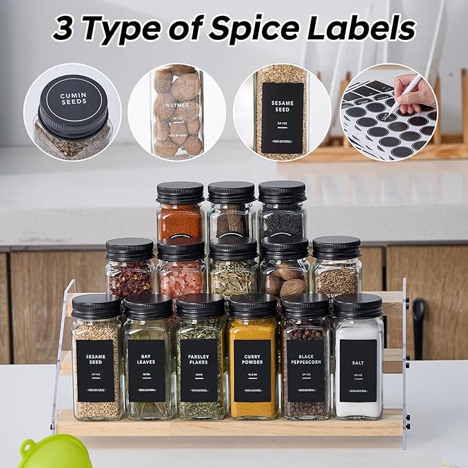 24 Glass Spice Jars with 576 Labels-Spice Jars with Black Metal Caps, 4oz Empty Square Spice Containers with Shaker Lids, Funnel, Pen, Seasoning Bottles for Spice Rack, Drawer, Cabinet